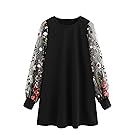 DIDK Women's Velvet Tunic Dress with Embroidered Floral Mesh Bishop Sleeve