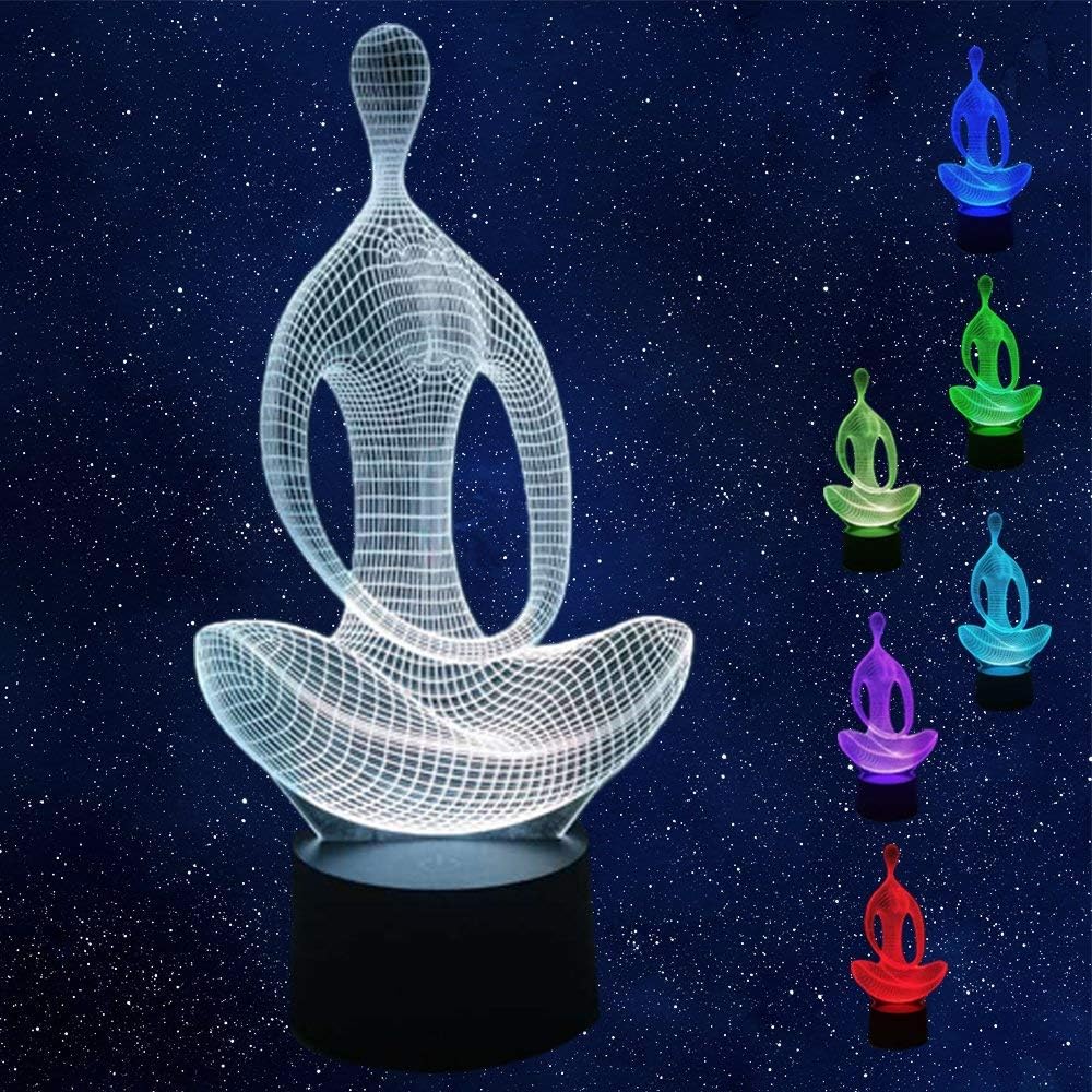 Yoga Night Light for Kids 3D Illusion Night Light, Touch Button Meditation 3D Optical Illusion Table Desk Lamp with 7 Color Light for Girls Christmas Halloween Birthday Gift