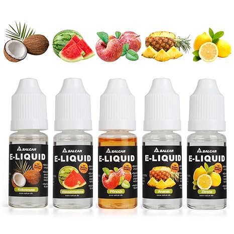 Salcar® 5x10ml E-Liquid FruchtsetC 0,0mg Nikotin, für E-Zigarette (Zitrone, Pfirsich, Wassermelone, Ananas, Kokosnuss)