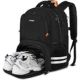 Ytonet Gym Backpack For Men Women, Travel Sports Track Bag With Shoe Compartment USB Charging Port, Large Workout Laptop Backpack Water Resistant College Bag Fit 15.6 Inch, Camping, Black