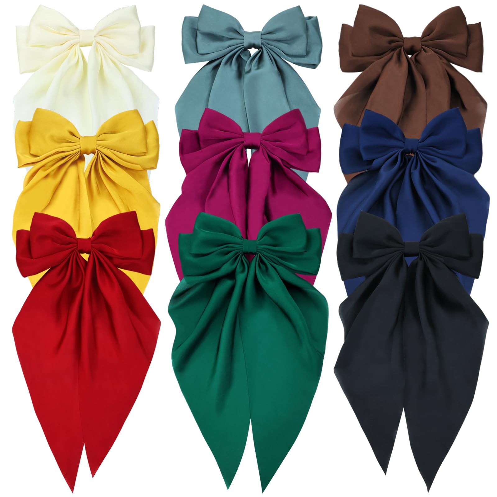 Yoosit 9 Pack Oversized Satin Hair Bows White Pink Red Blue Green Black Hair Accessories Bowknot with Long Tail Ribbon Giant Hair Bow Clips French Barrettes for Women Girls' Ponytails and Buns