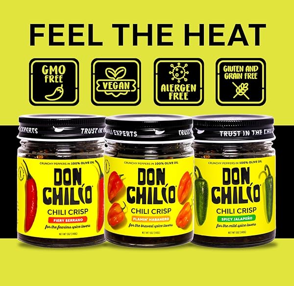 DON CHILIO MEDIUM HEAT SERRANO MEXICAN CHILE CRISP, 5 OZ. – CRUNCHY SLICED SERRANO FRIED CHILI PEPPERS IN HOT SEASONED 100% OLIVE OIL – KETO-FRIENDLY, VEGAN, GLUTEN FREE