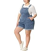 Agnes Orinda Plus Size Overall Shorts for Women Jumpsuit Roll Hem Pocket Jean Denim Overalls