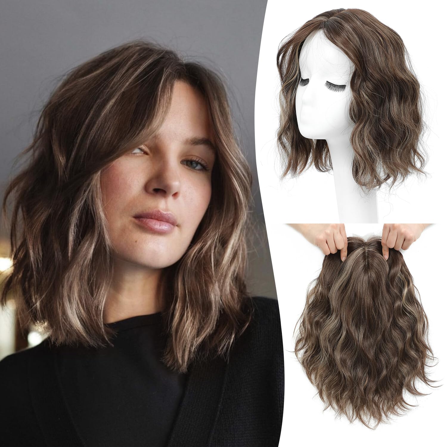 Photo 1 of Ms Taj 11 Inch Short Wavy Hair Topper for Women with Thinning Hair, Synthetic Lightweight Breathable Hairpiece with 6.5"x6.5" Base, Instantly Adds Volume and Coverage?Dark Ash Brown with Highlights?