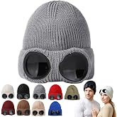Casual Soft Goggle Lens Design Beanie Hat, Winter Unisex Solid Color Cap with Built-in Lens, Knitted Warm Stylish Ski