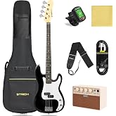 STRICH Electric Bass Guitar 4 Strings Full-Size Beginner Kit, Standard Bass for Starter with 2 x 5w Amp, Bag, Tuner, Strap, Cable, SPB-S10 Black