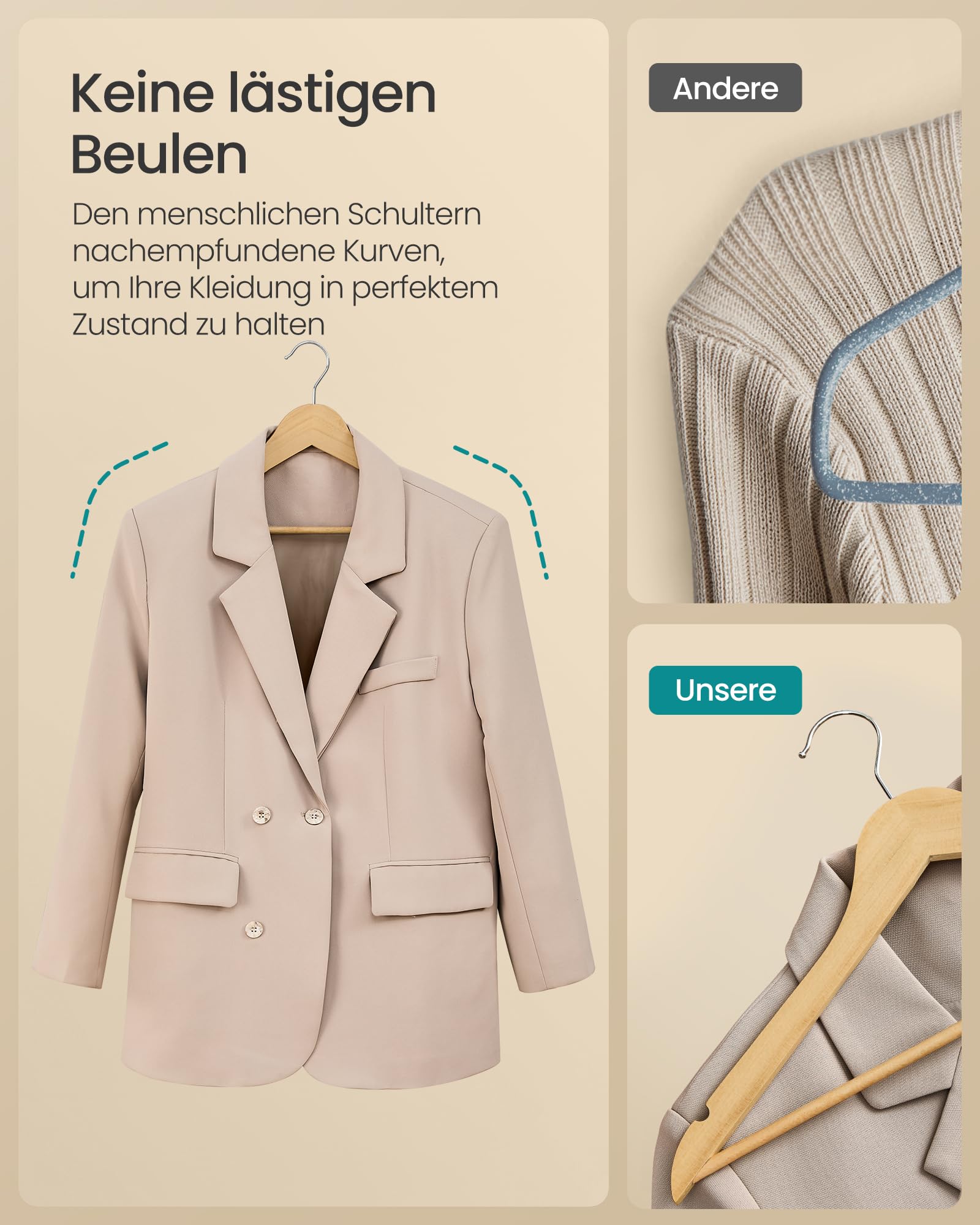 SONGMICS Kleiderbügel Holz, 30er Set, Holzbügel schlank, Bügel, platzsparend, Hosenbügel, 360° drehbarer Haken, Birkenholz, für Träger und Jacken, naturfarben CRW030K01 6