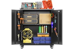 SUXXAN Metal Storage Cabinet with Wheels, Rolling Storage Cabinet with 2 Doors and Adjustable Shelves, Pegboard and 4 Hooks, Suitable for Garage, Home, Office, School, Black