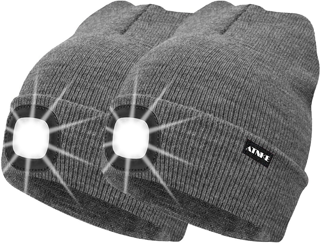 ATNKE 2Pcs New Warm LED Lighted Beanie Cap Unisex USB Rechargeable Running Hat Ultra Bright 4 LED Waterproof Light Lamp Multi-Color/Grey