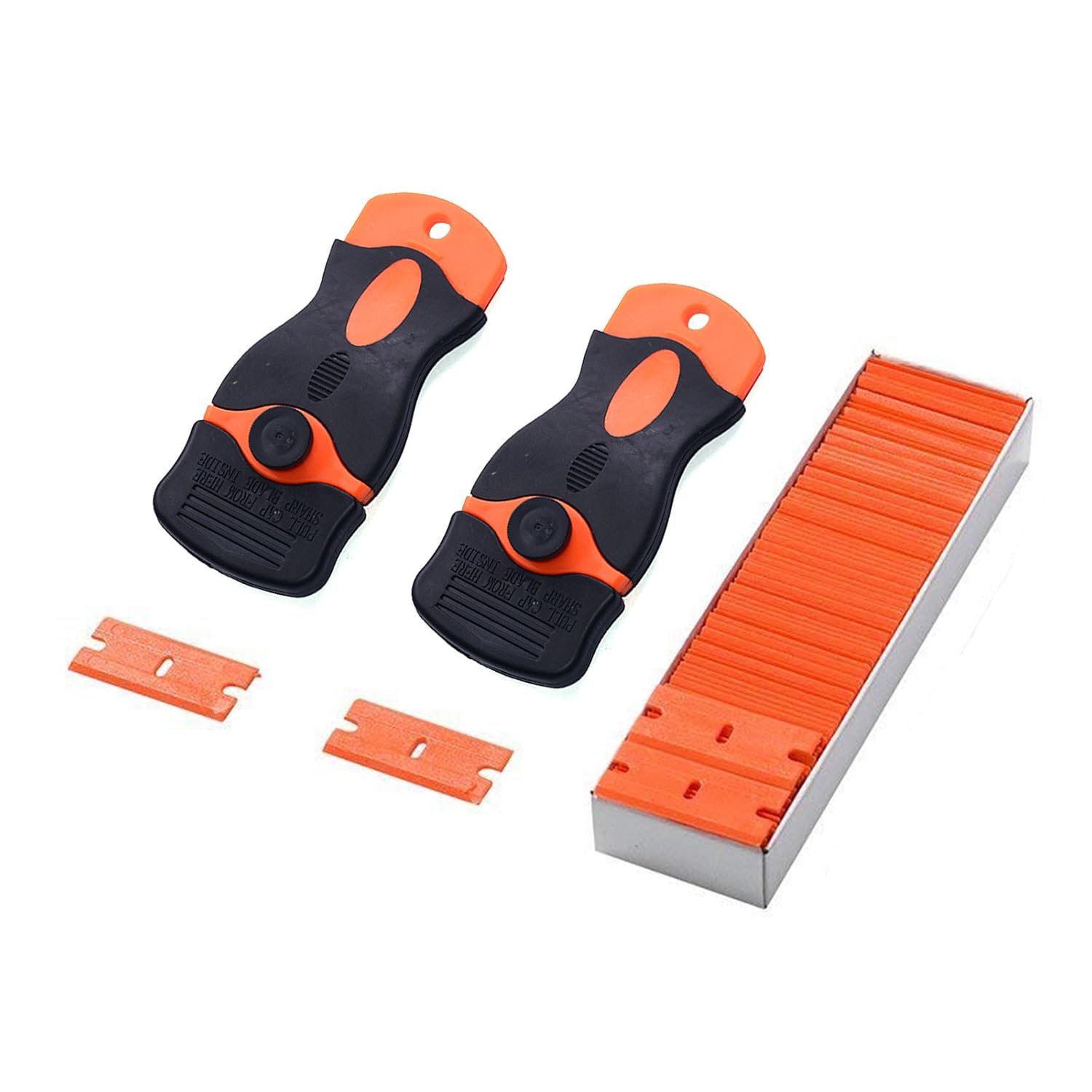 Lieomo 1.5" Plastic Locking Razor Blade Scraper with Safety Cap Set(2pcs Scraper and 100pcs Double Edged Plastic Razor Blades), for Removing Label Glue Residue on Soft Surface No Scratched
