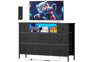 Fixwal Dresser for Bedroom TV Stand for 55 Inch TV with Charging Station and LED Light, Fabric Chest of Drawers, 8 Drawer Kids Dressers for Boys Bedroom, Living Room, Closet (Black)