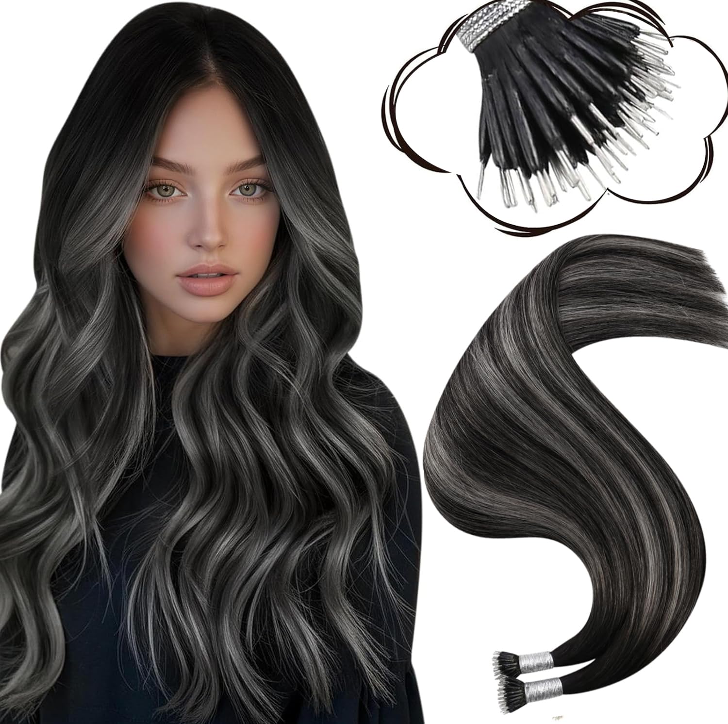 Moresoo Nano Hair Extensions Real Human Hair Balayage Natural Black to Silver Invisible Nano Beads Hair Extensions for Women Daily Party Use Add Volume 14 Inch 1g/s 50g/Pack #1B/Silver/1B — image 1