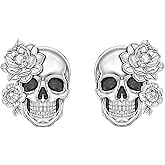 Skull Earrings Studs 925 Sterling Silver Skeleton Earrings for Men Women Hypoallergenic Goth with Rose Jewelry Hallloween Party Cosplay