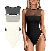 OQQ Women 2 Piece Bodysuit Mesh Ruched Sleeveless Turtle Neck Shapewear Body Suits One Piece Leotard Shirt Going Out Tops