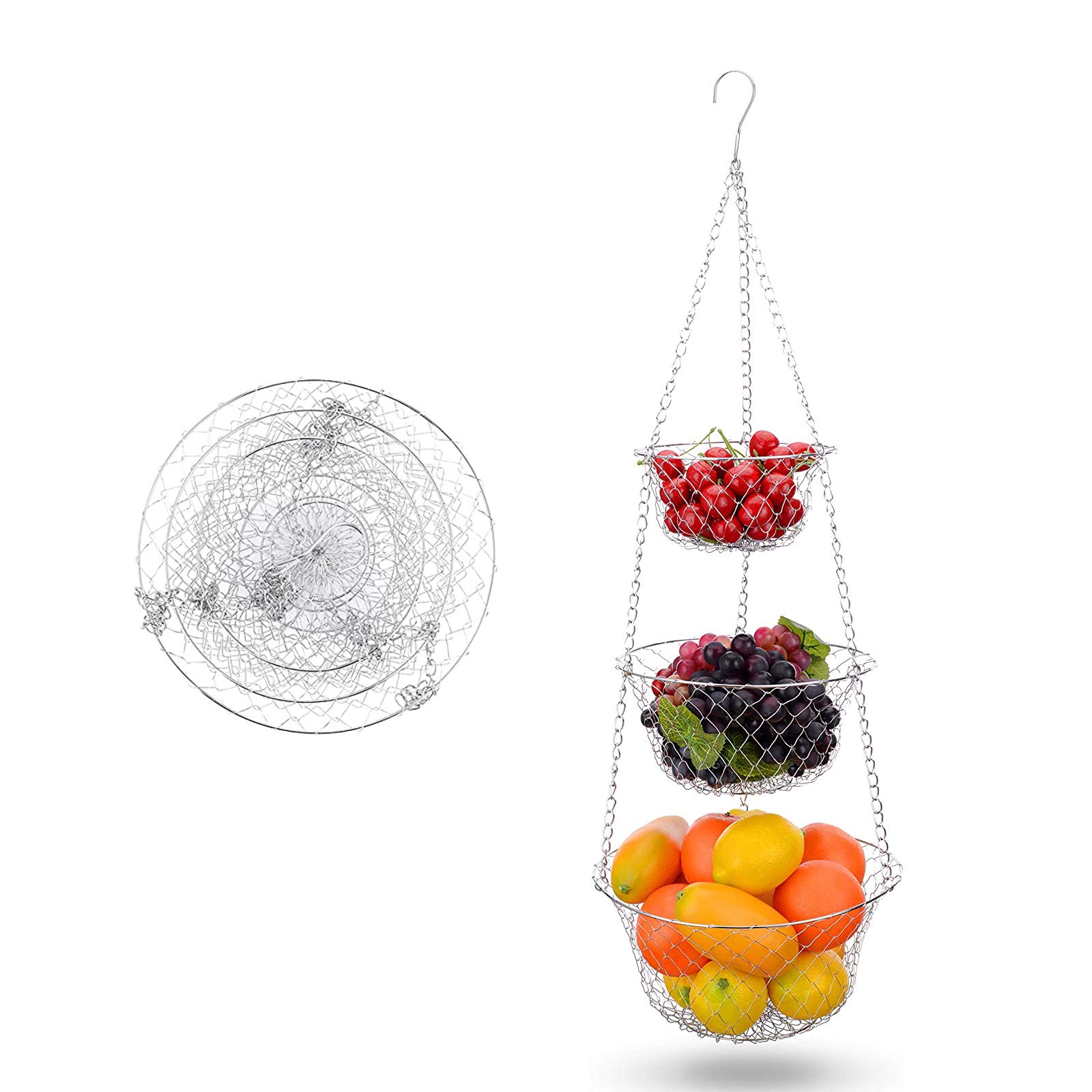 LxwSin Hanging Fruit Basket 3 Shelves, Hanging Fruit Basket, Hanging Bowl Metal Wire Holder, Durable Kitchen Organizer for Fruit Vegetables Flowers Plants, Silver