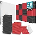 JBER 48 Pack Acoustic Foam Panels, 1" X 12" X 12" Upgraded Self-Adhesive Studio Soundproofing Wedges Fire Resistant Sound Proof Padding Acoustic Treatment Foam - Black & Red