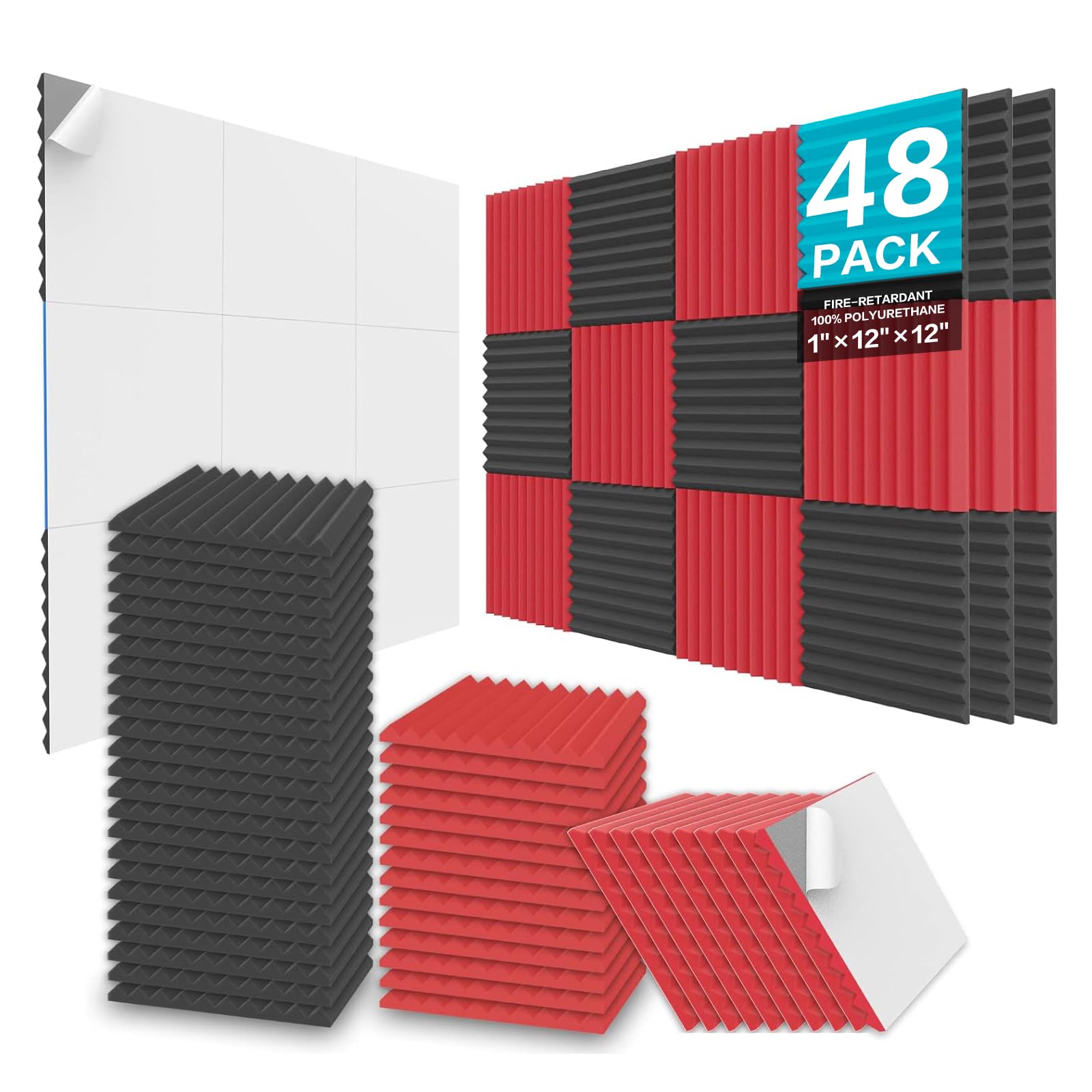 JBER 48 Pack Acoustic Foam Panels, 2.5 X 30 X 30cm/1" X 12" X 12" Studio Soundproofing Wedges Fire Resistant Sound Proof Padding Acoustic Treatment Foam - Black & Red