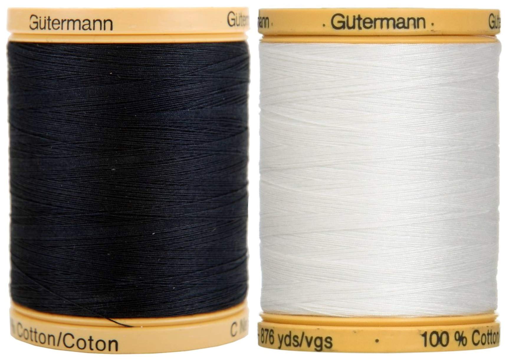 2 Pack Bundle - Black + White - Gutermann Natural Cotton Thread Solids 876yds Each