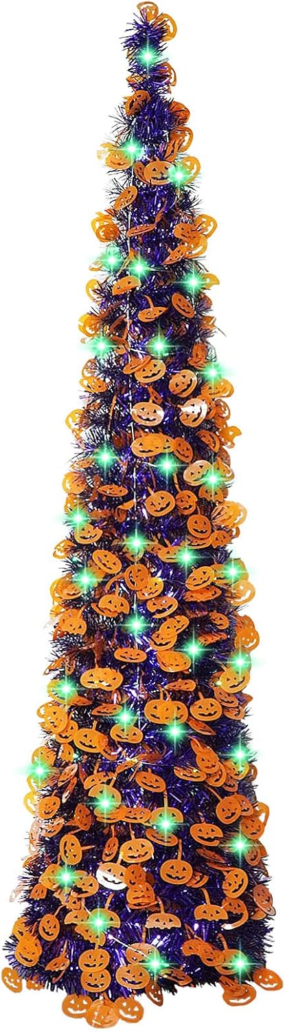 Trees - Halloween Pumpkin Tree with 50 Lights,5ft Pop Up Purple Pencil Collapsible Tinsel Halloween Christmas Trees Decorations Indoor for Home Door Porch Bedroom Decor Holiday Party,WOKEISE