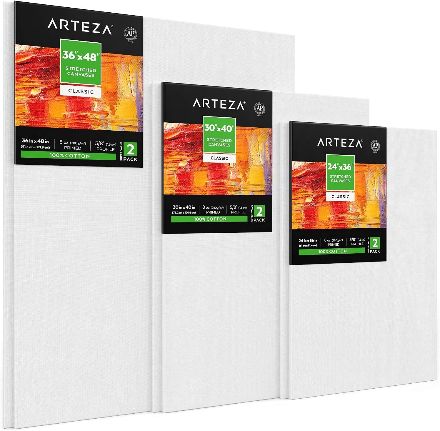 Arteza Stretched Canvas, Pack of 2, 36 x 48 Inches, Blank White Canvases, 100% Cotton, 8 oz Gesso-Primed, Art Supplies for Acrylic Pouring and Oil Painting