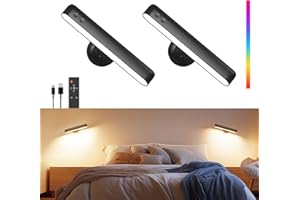 POPOIRON Rechargeable 7500mAh Battery Operated Wall Sconces for Bedroom,LED Wall Lights with Remote Control and Touch,360° Rotation,3 Colors Temperatures Dimmable Black Wall Lamps with 15 RGB Colors,2 Pack