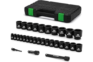 TecoTek 30 Pieces 1/2-Inch Drive Shallow Metric Impact Socket Set, Cr-Mo, 10mm to 36mm, No Skipped Sizes, 6 Point, Includes Extension Bars, Drill Socket Adapter 1/2"