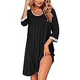 Ekouaer Women's Pleated Nightgown Soft Sleep Shirt 3/4 Sleeve Pajama Dress Scoopneck Sleep Tee Nightshirt Sleepwear S-3XL