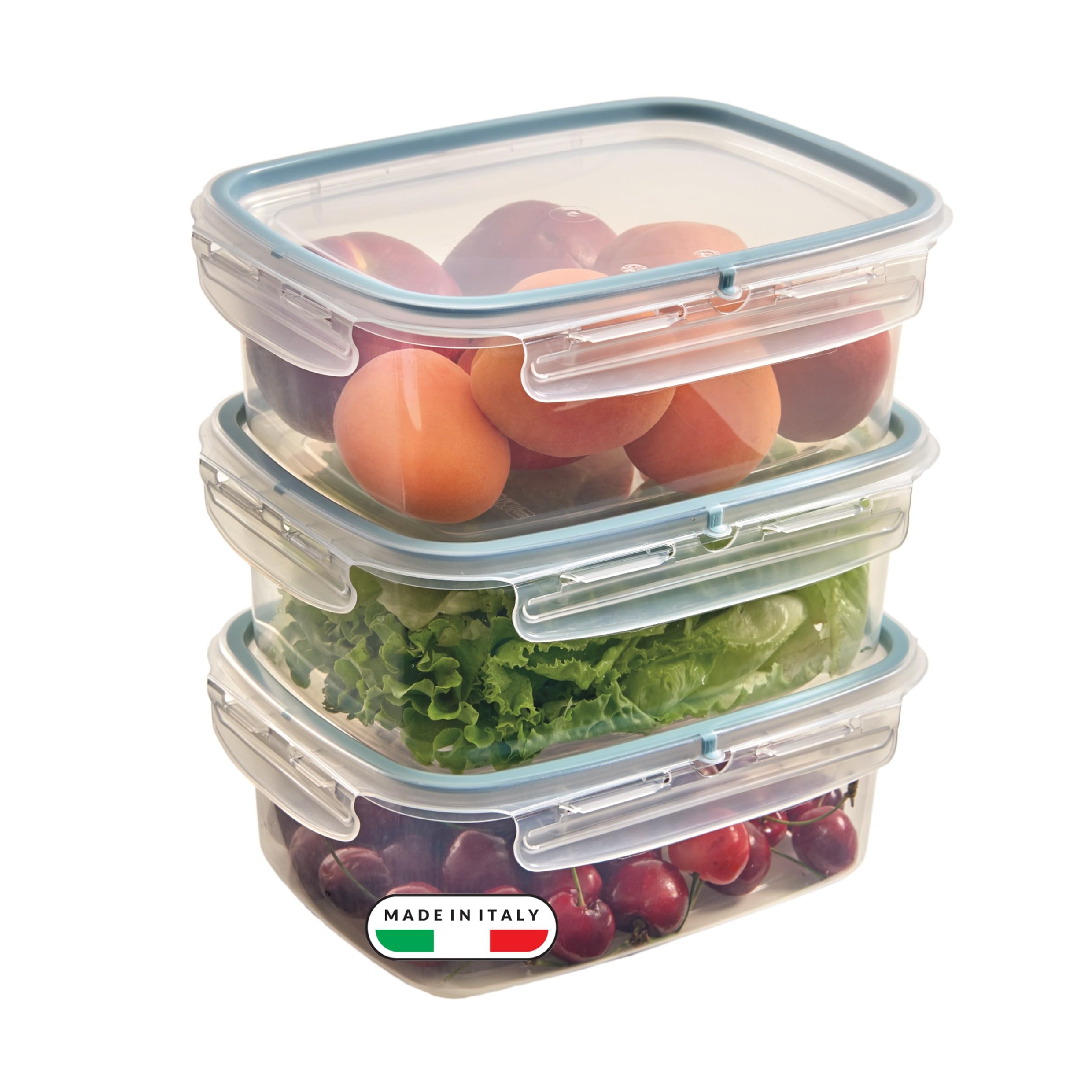 Snips SnipsLock Rectangular Food Storage Containers 1.8 L, Set of 3 – Airtight Leakproof Fridge & Freezer Containers, Microwave Safe (No Lid), 4 Safety Locks, Dishwasher Safe – Made in Italy