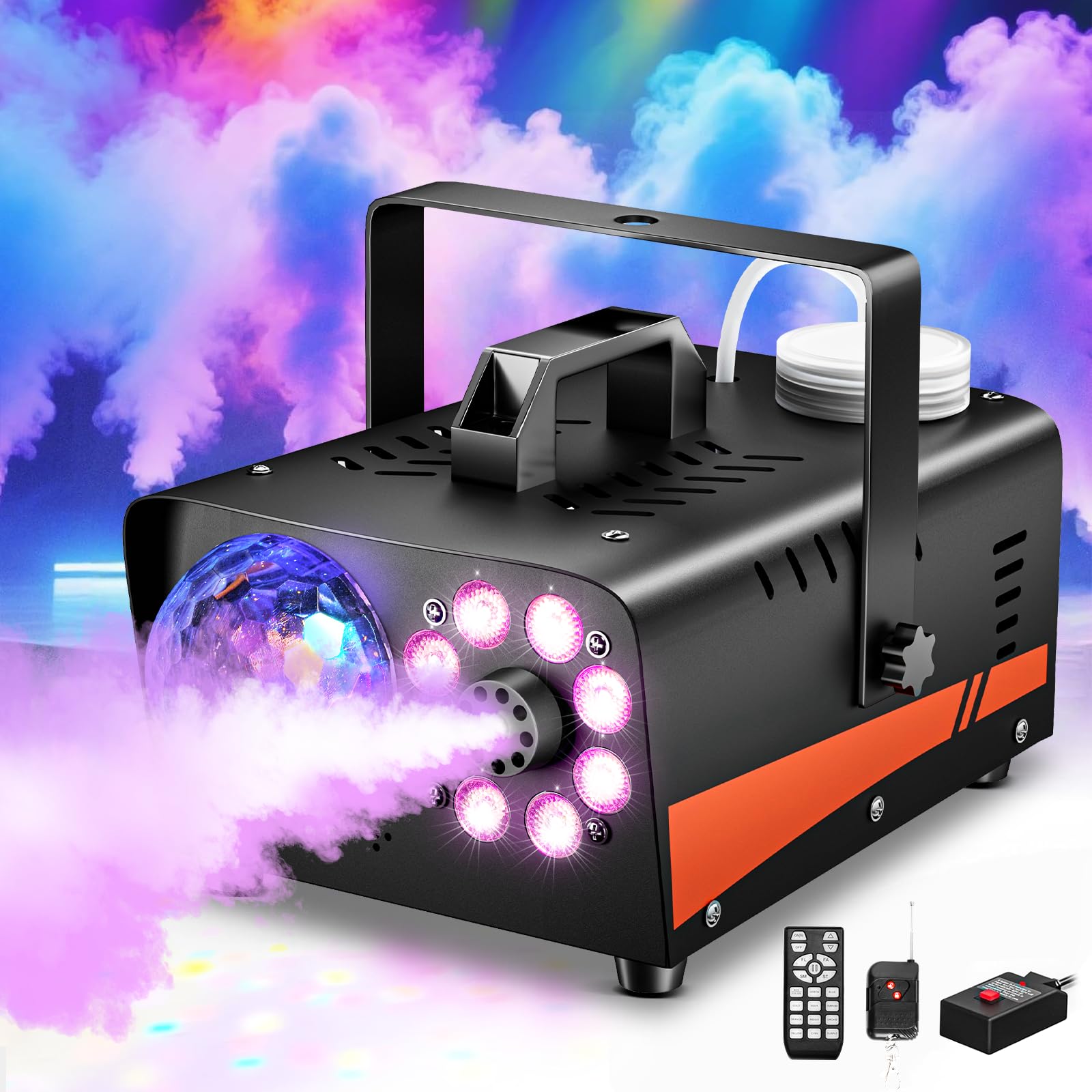 Photo 1 of 1200W Fog Machine, Halloween Smoke Machine Fog with Disco Ball Lights, 6000CFM with 13-Color LED Effects, Wired And Wireless Remote Controls, Ideal for Indoor, Outdoor, Wedding, Parties, and DJ Stage