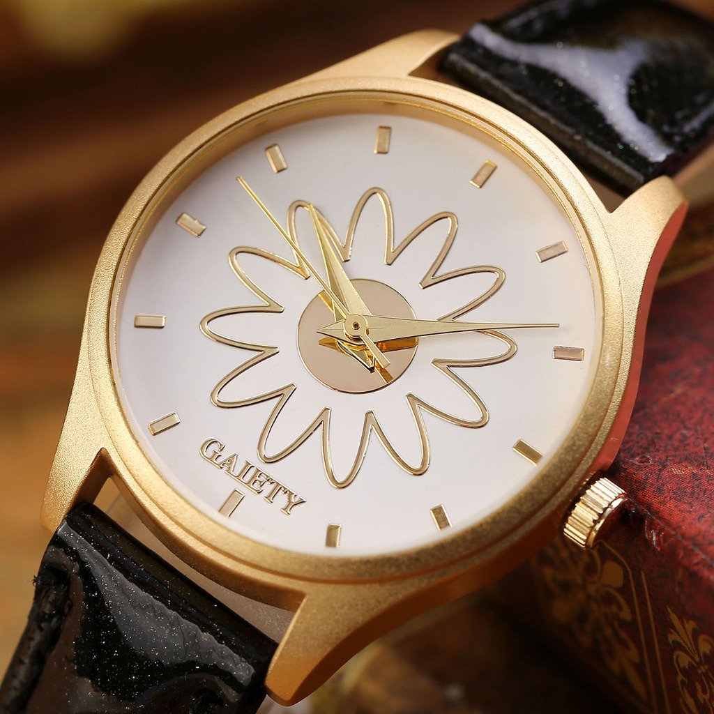 JSDDE Femme Montre à Quartz Bracelet PU Motif Fleur Boîtier en Alliage de Couleur Or Montre Bracelet Fil de Suture Montre Etanche Noir