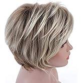 Rosa Star Short Wig Ombre Brown Mixed Blonde Hair Wigs Natural Curly with Bangs Synthetic Hair Fibers Heat Resistant Full Wig for Women