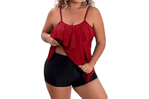 B2prity Women Plus Size Tankini Swimsuits Tummy Control Two Piece Bathing Suit Ruffled Flounce Swimwear with Shorts