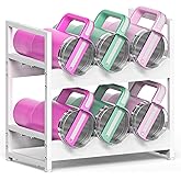 Kssiaz Wooden Water Bottle Organizer, 20/30/40oz Tumbler Organizer, Bottle Holder for Owala/Yeti/Stanley, Kitchen Pantry Water Bottle Storage Rack for Cabinets, Wood Wine Rack, 2 Tier Hold 6