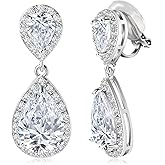 Wedding Zircon Teardrop Clip On Earrings For Brides Women No Piercing Sparkly CZ Silver Dangle Earrings