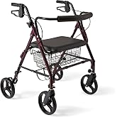 Medline Large Extra Wide Aluminum Bariatric Rollator Walker with Seat, Burgundy, 400 lb. Weight Capacity, Foldable, Under Seat Storage, 8" Wheels, Padded Backrest, Rolling Walker For Seniors &amp; Adults