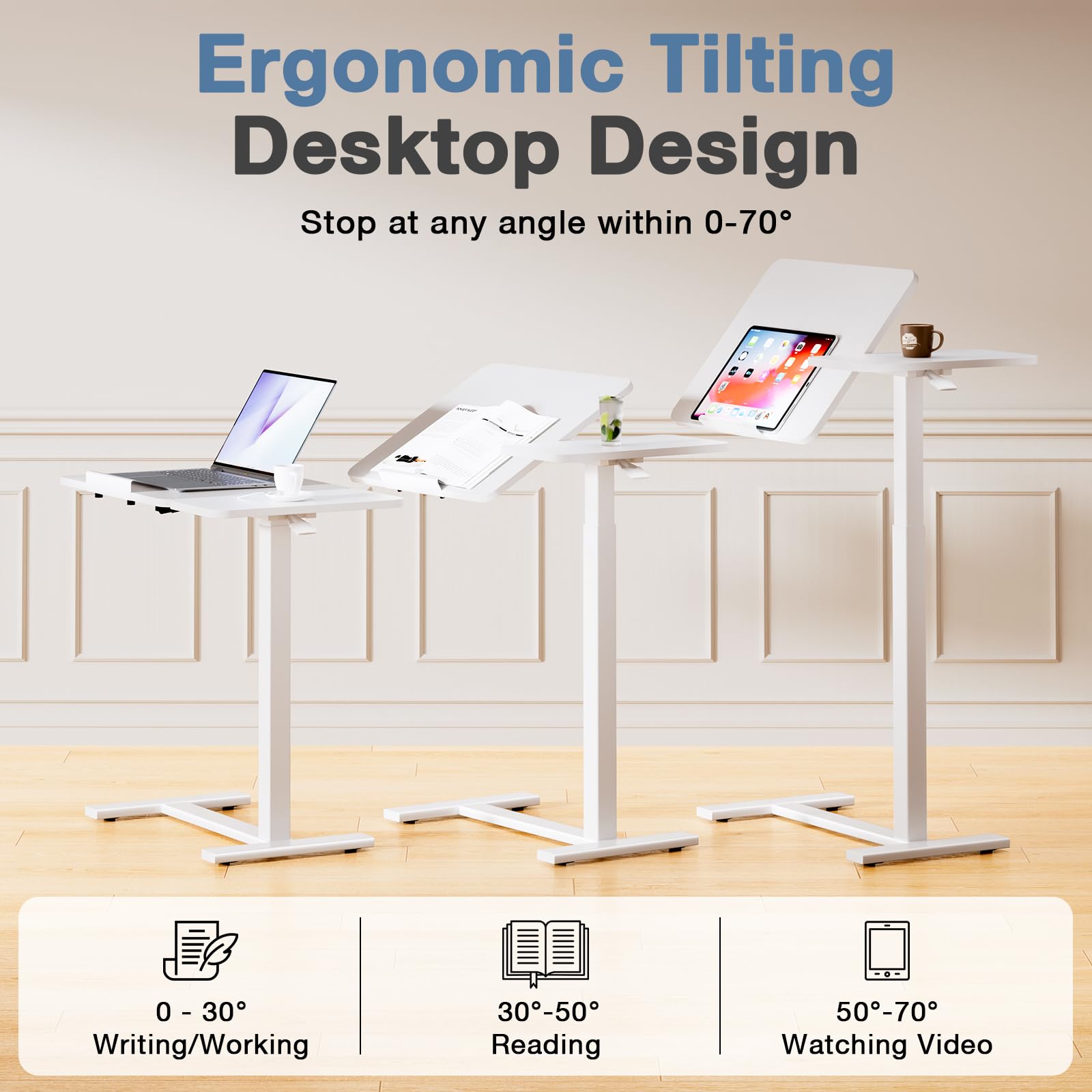 DUMOS Overbed Bedside Table Adjustable with Wheels, Mobile Standing Stand Up Rolling Laptop PC Desks with Tilting Top Height Tray Side Computer Workstation for Bedroom on Hospital Home Use, White