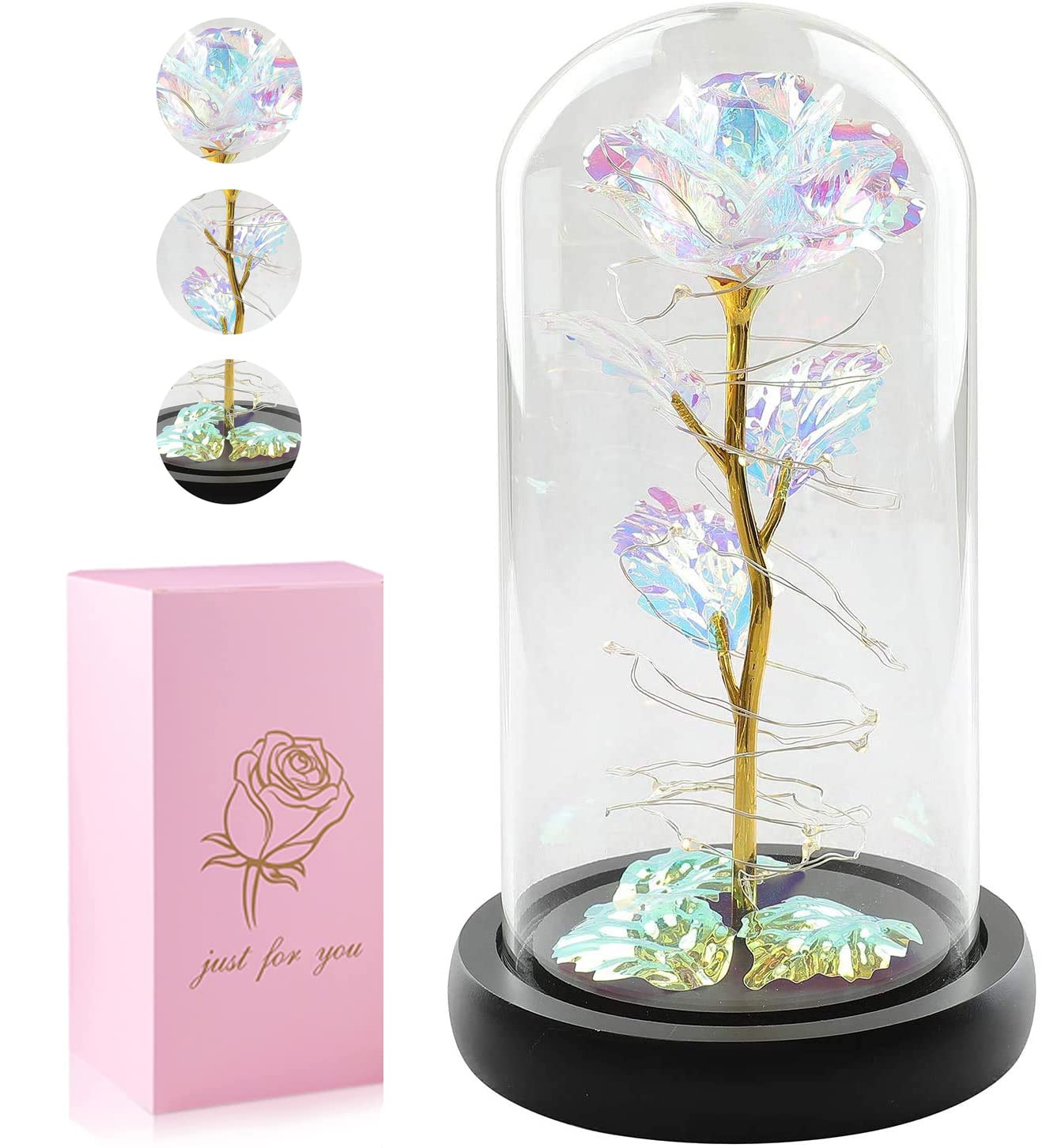 Galaxy Enchanted Colorful Artificial Flower Rose Gift, Led Light String Colorful Flower Forever in Glass Dome,Gifts for Women, Christmas, Wedding,Valentine's Day, Anniversary and Birthday (Black)