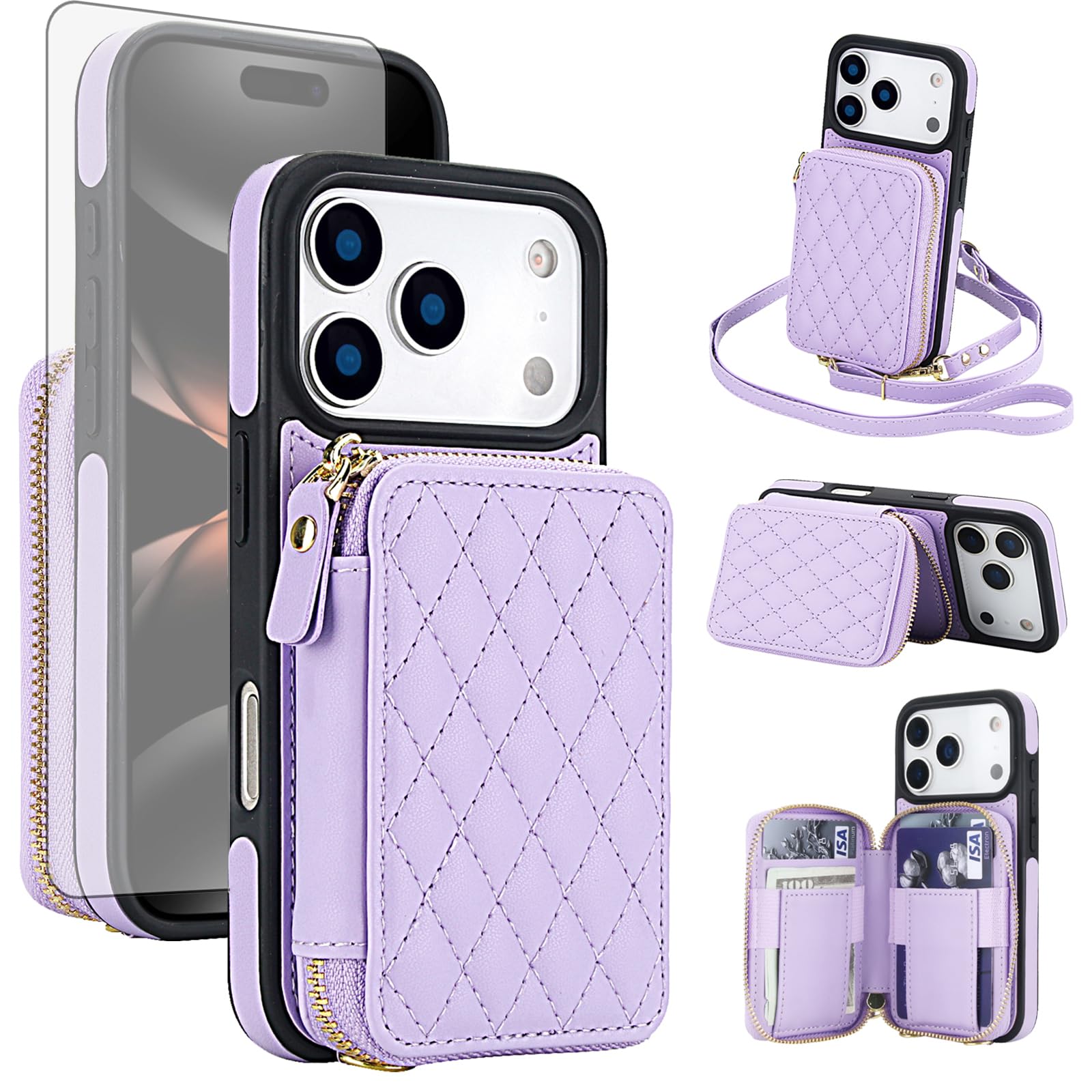 Photo 1 of *ZIPPER DAMAGED** Asuwish Phone Case for iPhone 17 Pro 6.3 inch Wallet Cell Cover with Tempered Glass Screen Protector Wrist Crossbody Strap Stand RFID Blocking Credit Card Holder i Phone17 i17 17Pro Women Girls Purple