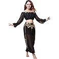 ZLTdream Belly Dance Chiffon Long Sleeves Top and Lantern Coins Pants Black, One Size