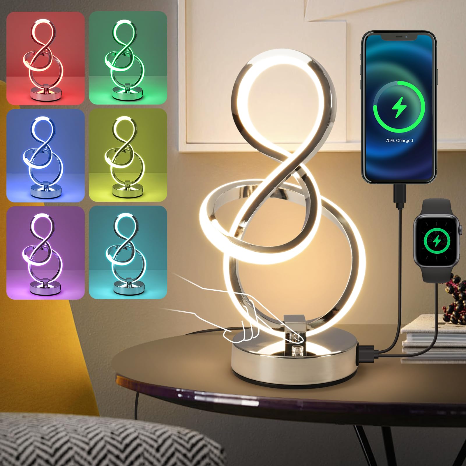 EIDEARAY RGB Bedside Table Lamp,Touch Control Dimmable Lamp with 6 Color Changing and 3 Levels Warm White,LED Modern Nightstand lamp with USB Ports, Night Light for Bedroom,Office, Living Room(Silver)