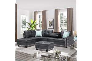 UBGO 98" Folded Living Room Furniture Sets,Sofas&Couches with Cup Holders,L-Shaped Couch w/Storage Ottoman and Chaise Lounge,Nailhead Trim Faux Leather Sectional Sofa for Small Space Apartments-Black
