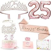 25th Birthday Decorations Gifts for Women, Including 25 year old Cake Topper, Queen Sash with Pearl Pin, Sweet Rhinestone Tiara Crown, Number Candles and Balloons Set, Rose Gold