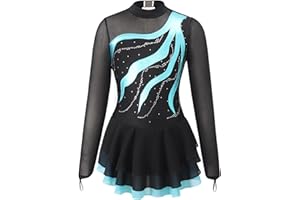 TSSOE Kids Girls Long Sleeve Sequins Printing Ice Roller Figure Skating Dress Illusion Ballet Dancewear