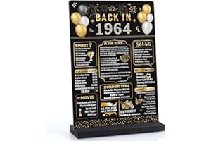 JETTRYRAN 60th Birthday Decorations for Men Women, Happy Birthday Party Decor Supplies, Vintage- 60 Years Old Birthday Anniversary 1964 Poster for Her Black Gold Back in 1964 Acrylic Table Sign with Wooden