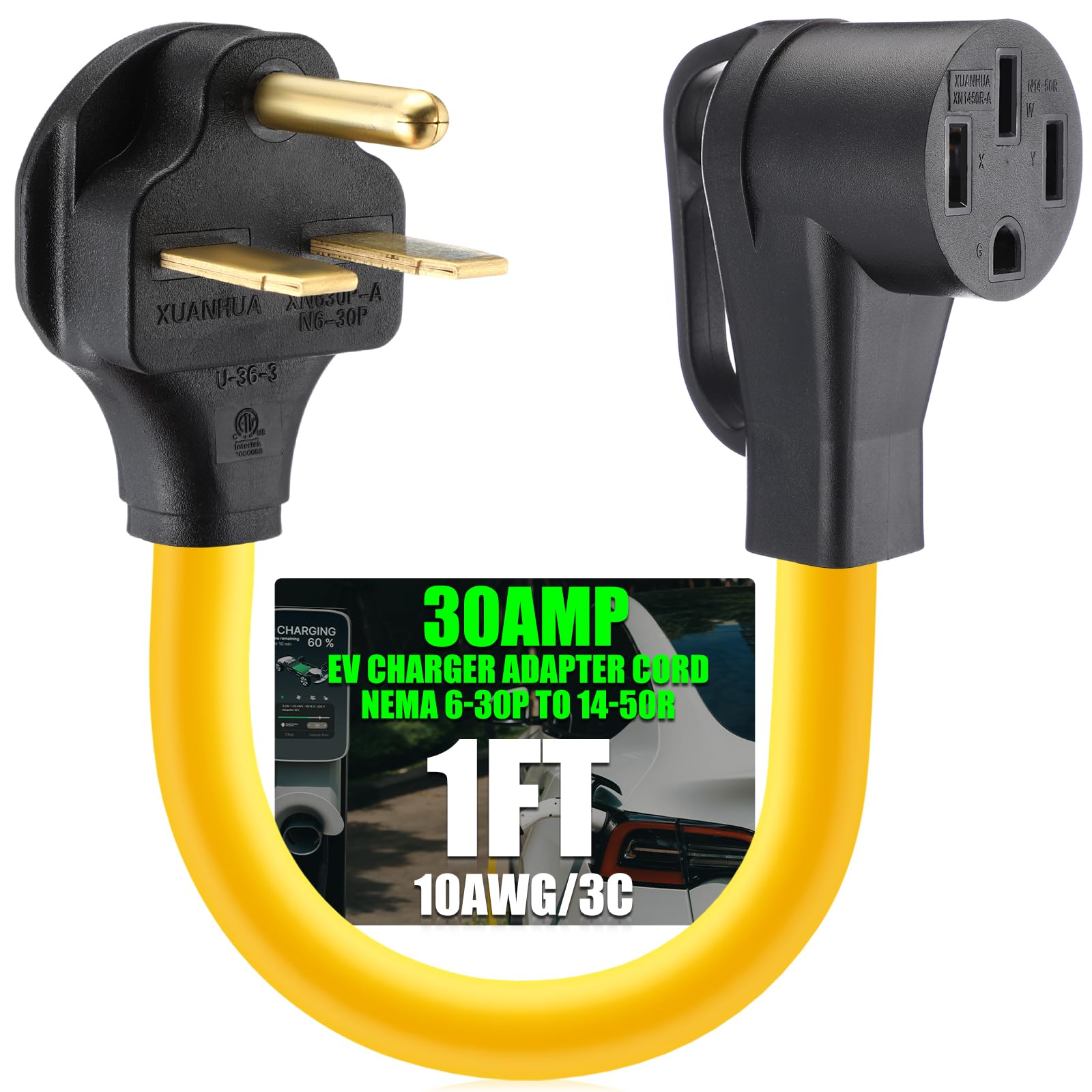 Photo 1 of Kanayu NEMA 6-30P to 14-50R EV Charger Adapter Cord 30 Amp Welder to 50 Amp EV for Level 2 Charging, 3 Prong Male to 4 Prong Female Power Adapter for EV Charger, STW 10 AWG/3C, 1FT, ETL Listed