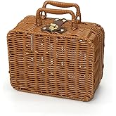 Mini Wicker Picnic Basket, Decorative Prop Suitcase Vintage Storage Hamper Makeup Organizer, 8.67" Metal Lock Plastic Rattan Storage Box with Handles for Sundries Travel Camping and Outdoor Party