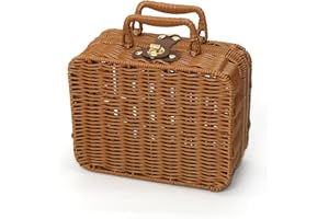 ETNORSU Mini Wicker Picnic Basket, Decorative Prop Suitcase Vintage Storage Hamper Makeup Organizer, 8.67" Metal Lock Plastic Rattan Storage Box with Handles for Sundries Travel Camping and Outdoor Party