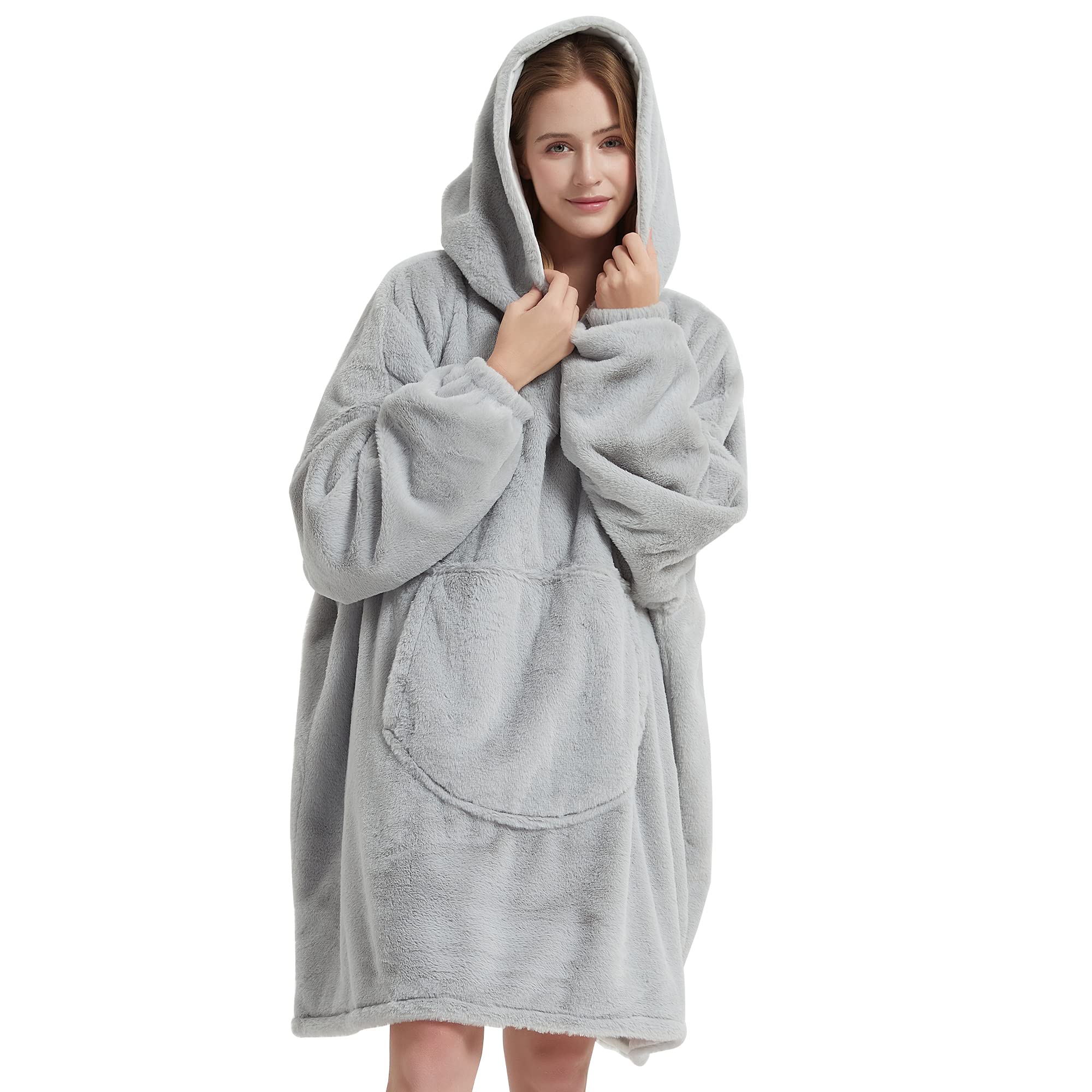 softan Blanket Hoodie, Oversized Wearable Blanket for Adult Women and Men Gifts, Super Cozy Warm and Soft Hooded Blanket Sweatshirt, Light Grey Faux Fur Blanket Sweatshirt with Large Pocket