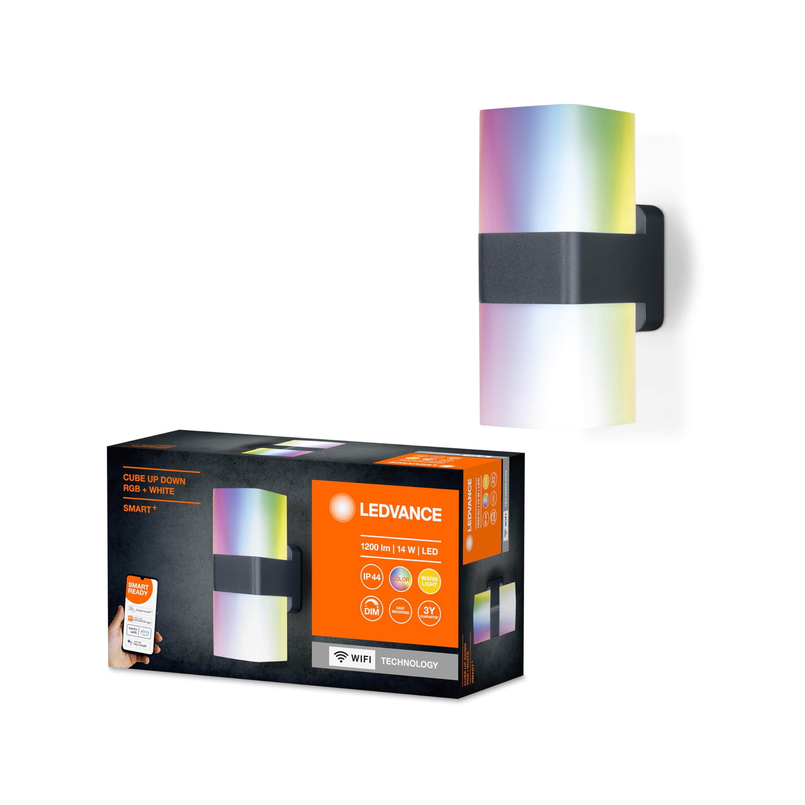 LEDVANCE Smart LEDOutdoor Luminaire for The Wall with WiFi Technology for Outside, RGB Colors Changeable, Made of Dark Gray Aluminum, Compatible with Google and Alexa Voice, Smart+ WiFi Cube UPDOWN