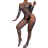 WDIRARA Women's Mesh Bodystocking Off The Shoulder Fishnet Bodysuit Tights Lingerie